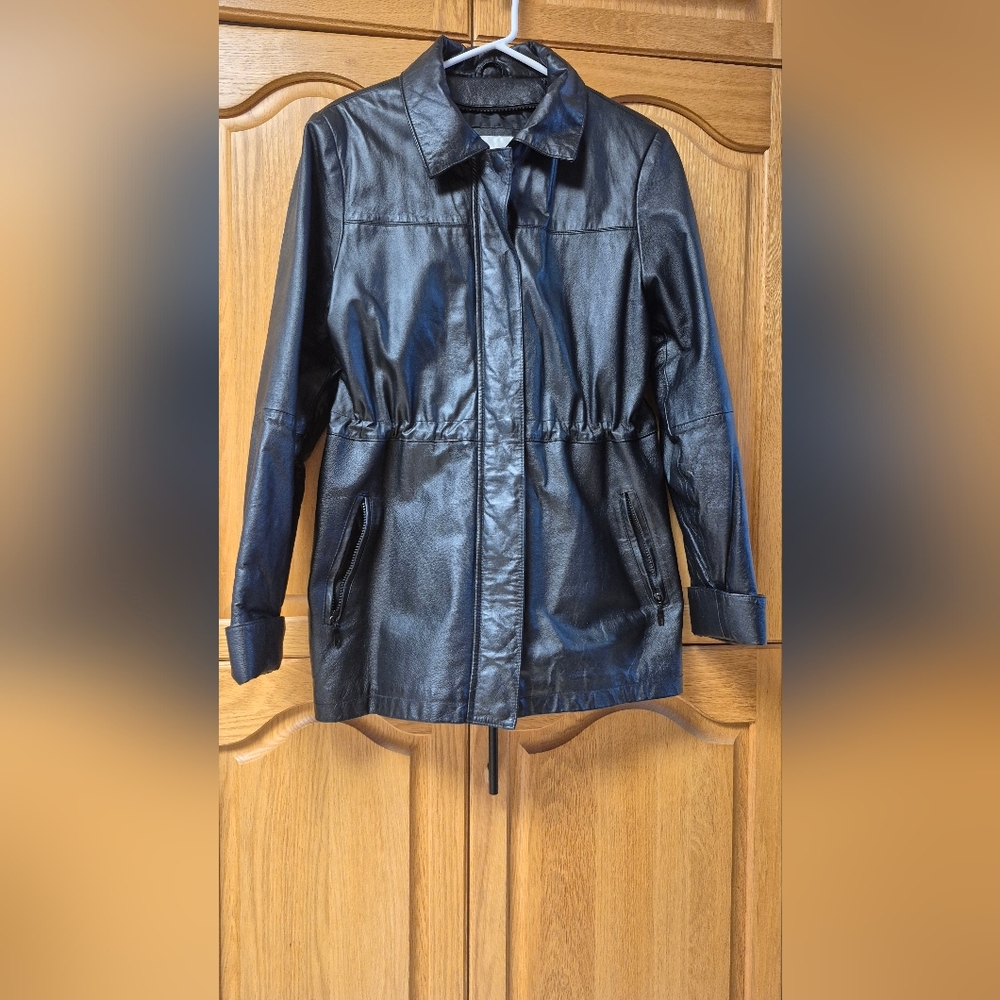 Womens Unisex Fairweather Black Leather Coat Size M